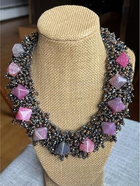 Statement Beaded Collar Necklace Pink Crackle Glass Czech Beads